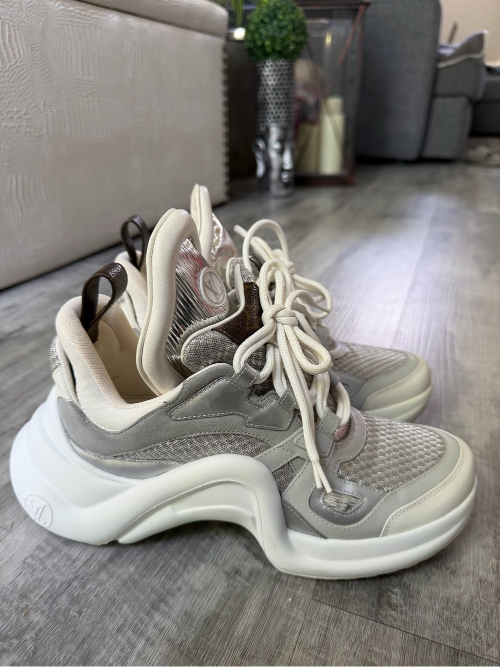 Louis Vuitton White and Silver Sneakers with White and Iridescent Box Bag - Picture 12 of 16